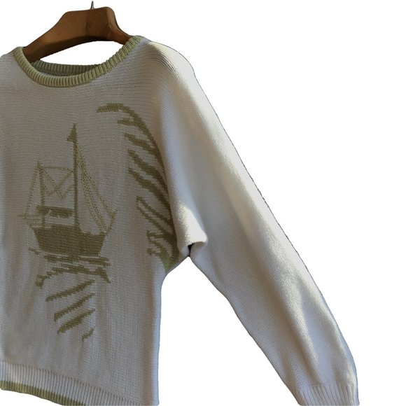 Vintage White & Olive boat sweater Hand Knit women - Picture 2 of 8